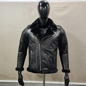 Men Black Fur Leather Jacket DR 9006